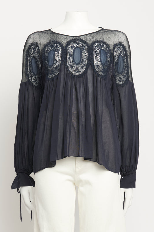 Navy Blue Lace Trim Preowned Blouse