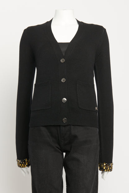 Black Cashmere & Silk Preowned Embellished Cuff Cardigan