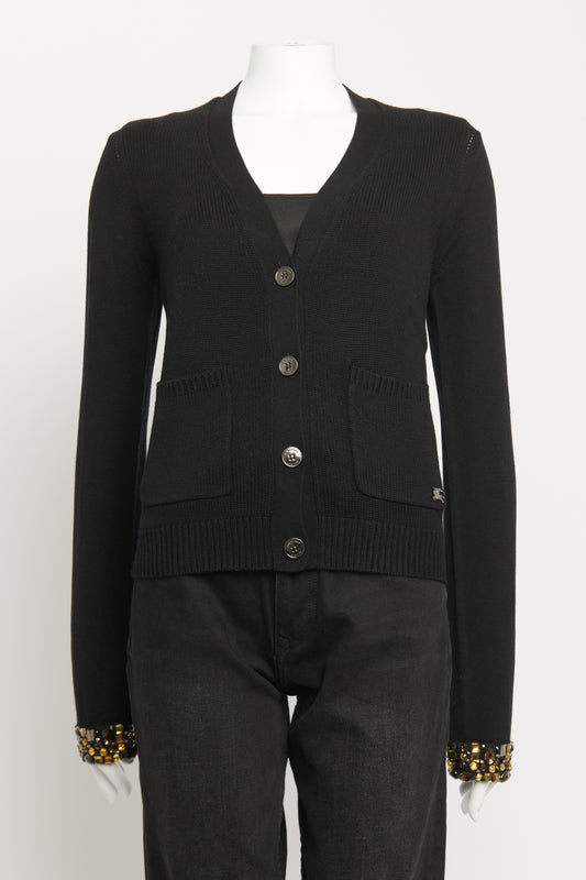Black Cashmere & Silk Preowned Embellished Cuff Cardigan