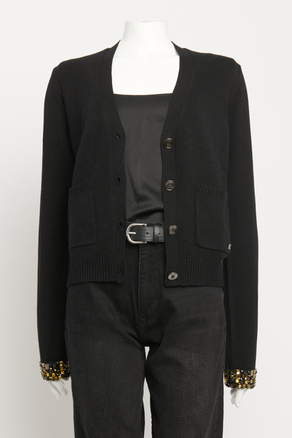 Black Cashmere & Silk Preowned Embellished Cuff Cardigan