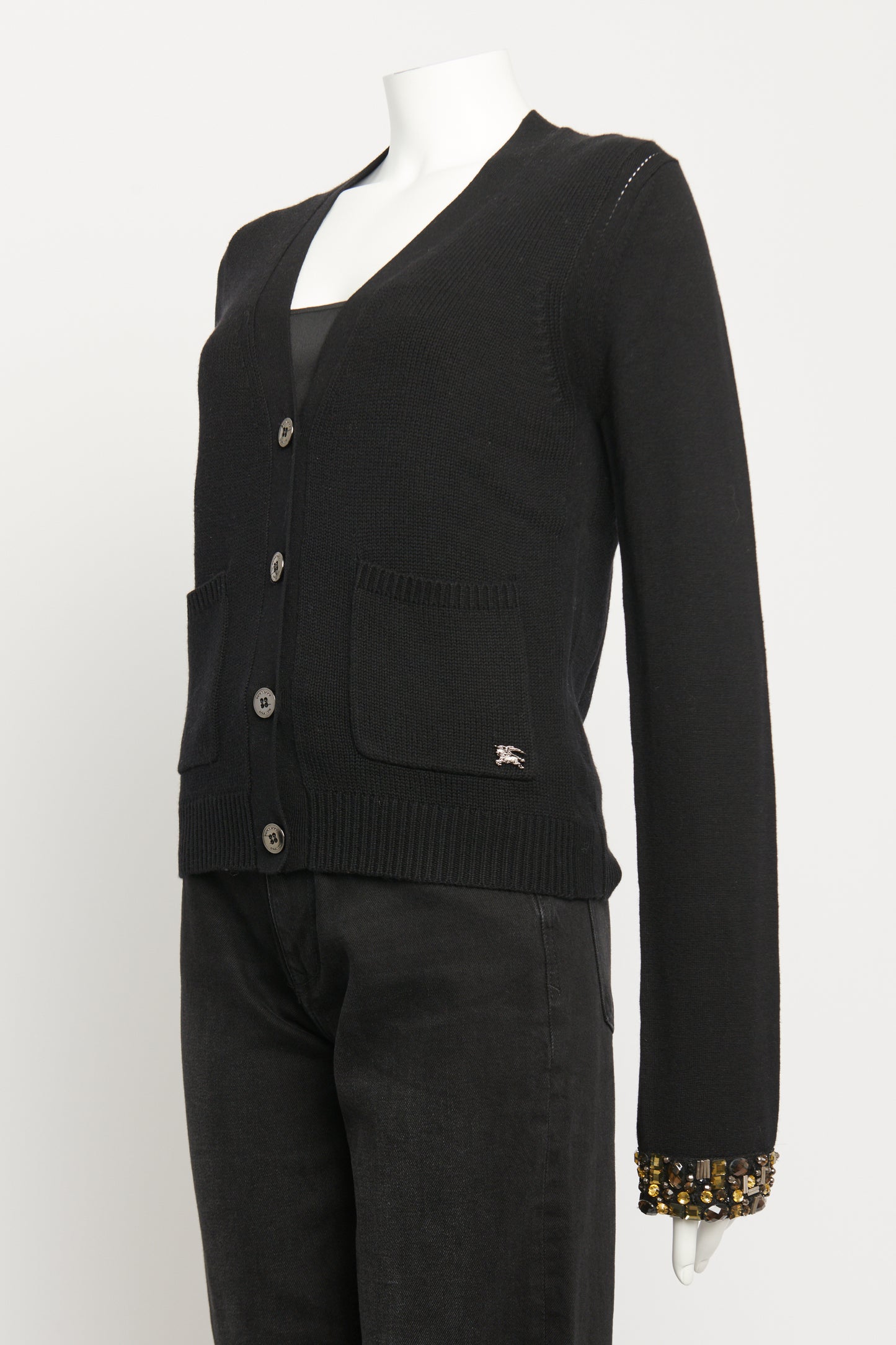 Black Cashmere & Silk Preowned Embellished Cuff Cardigan