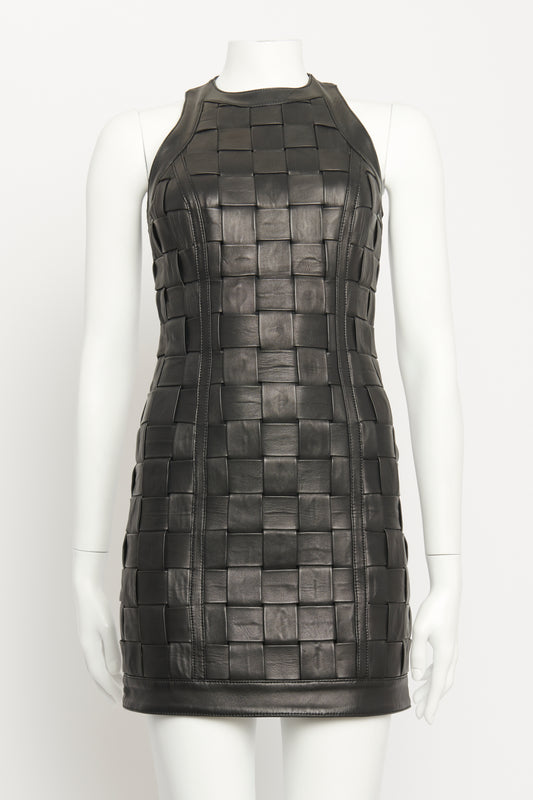 Black Leather Preowned Woven Racer Mini Dress