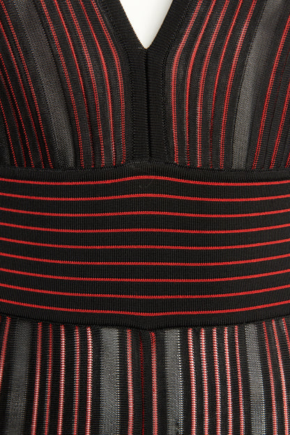 Black & Red Viscose Preowned V-Neck Striped Jumpsuit