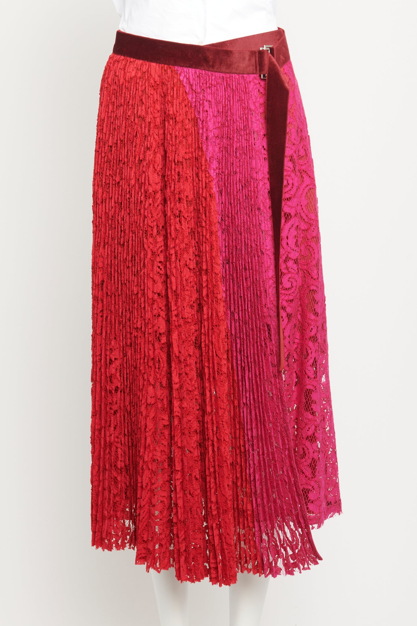 Fuschia & Red Cotton Blend Preowned Pleated Midi Skirt