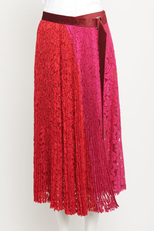 Fuschia & Red Cotton Blend Preowned Pleated Midi Skirt