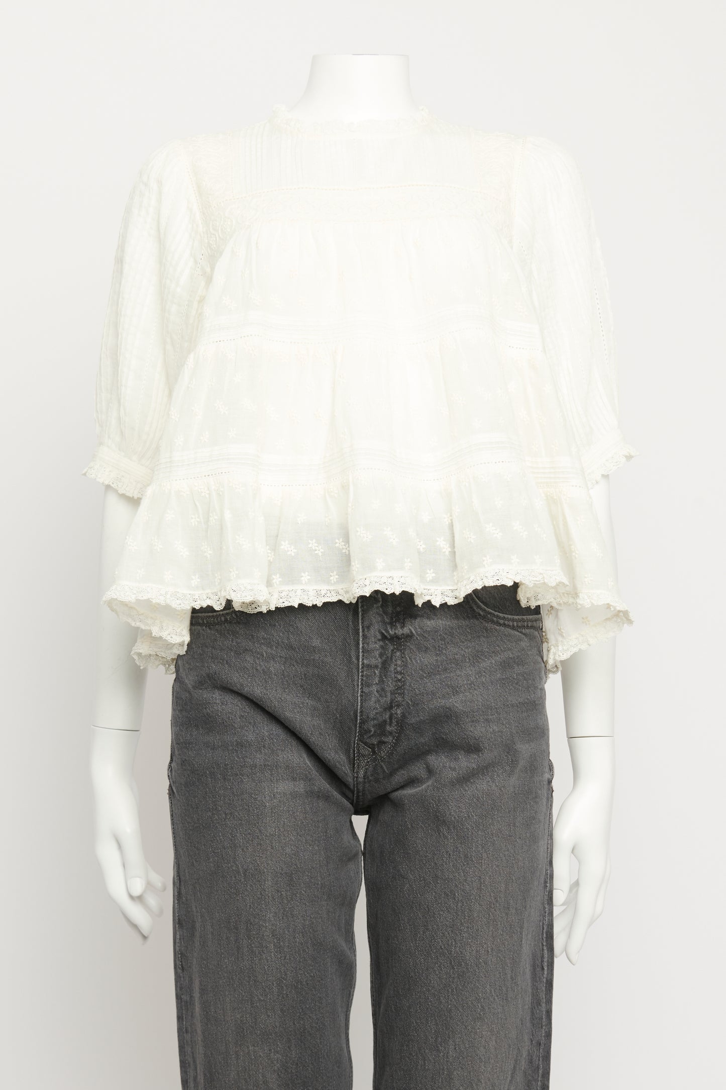 White Cotton Preowned Lace Embroidered Blouse