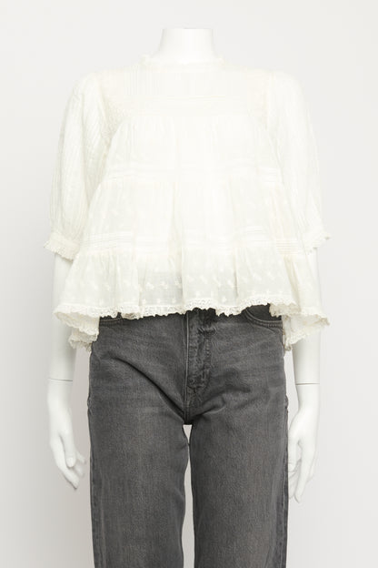White Cotton Preowned Lace Embroidered Blouse