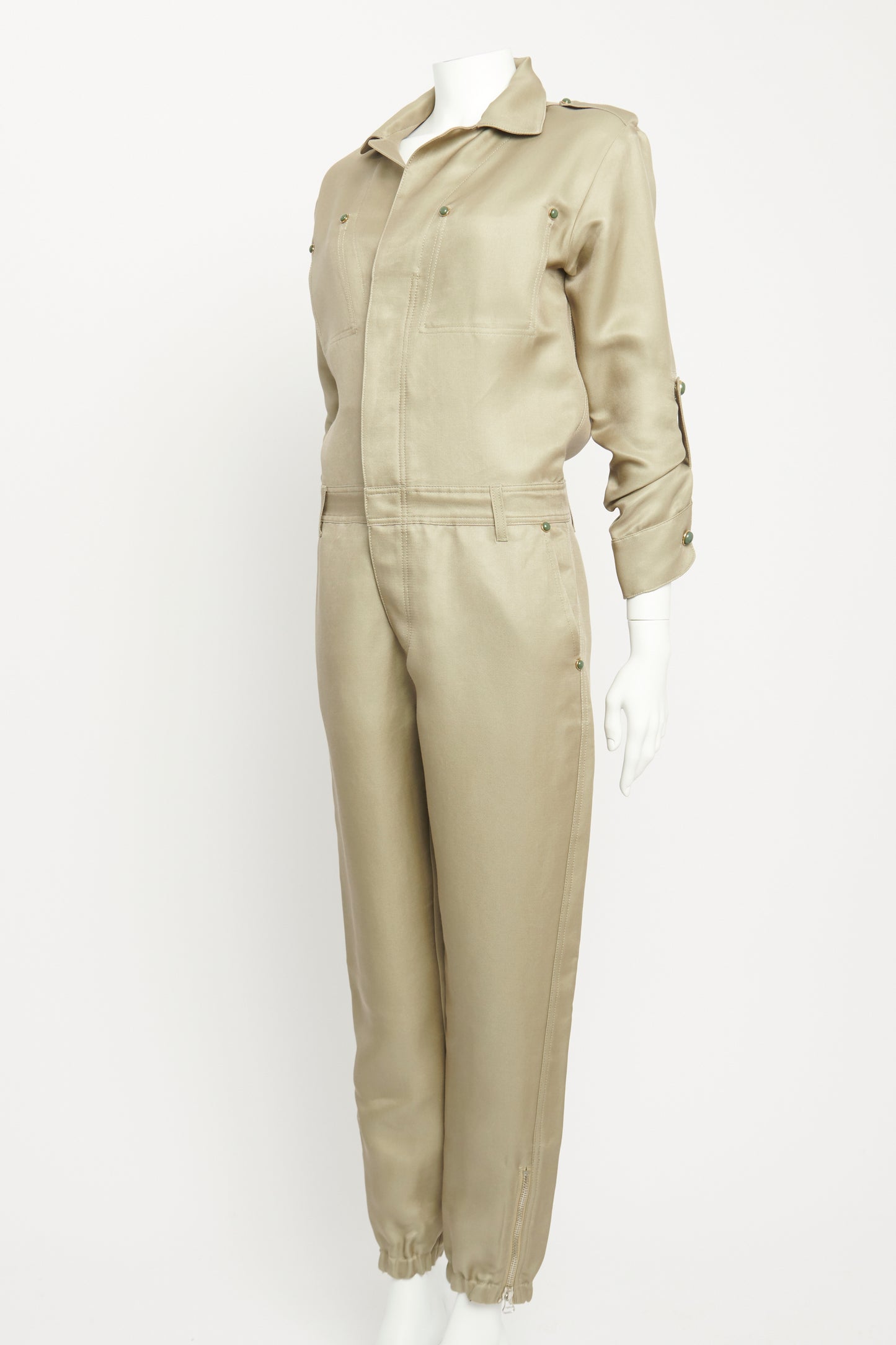 Khaki Green Linen & Cotton Blend Preowned Jumpsuit