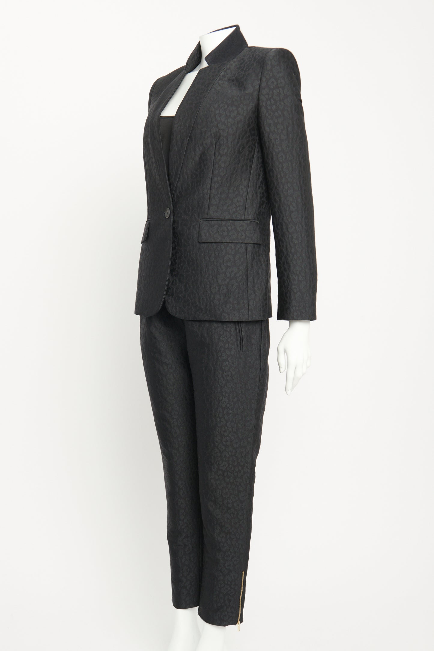 Black Wool Jacquard Blend Preowned Leopard Two Piece Suit
