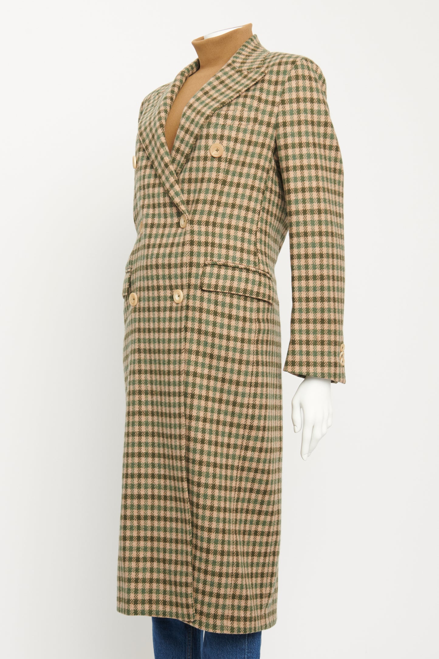 Beige Merino Wool Double Breasted Check Cindy Coat