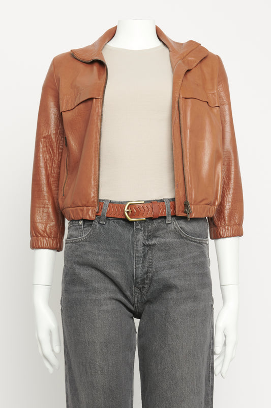 Brown Leather Preowned Cropped Zip-Up Jacket