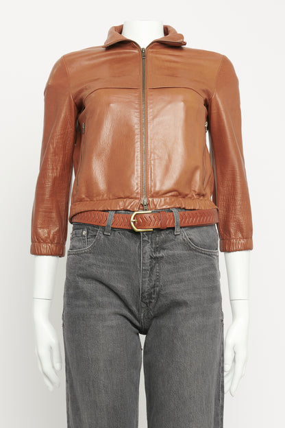 Brown Leather Preowned Cropped Zip-Up Jacket