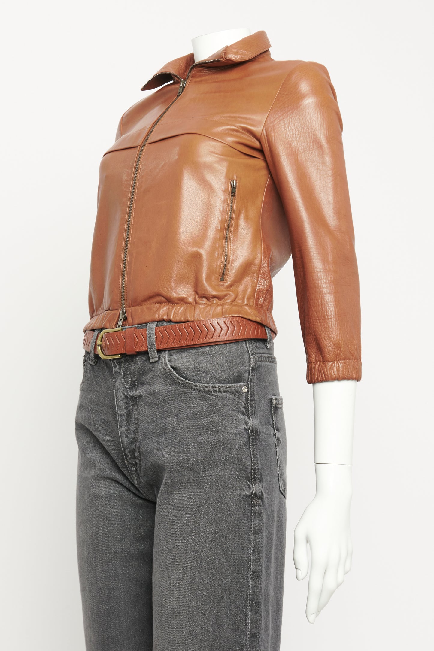 Brown Leather Preowned Cropped Zip-Up Jacket