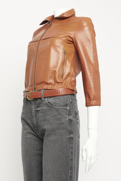 Brown Leather Preowned Cropped Zip-Up Jacket