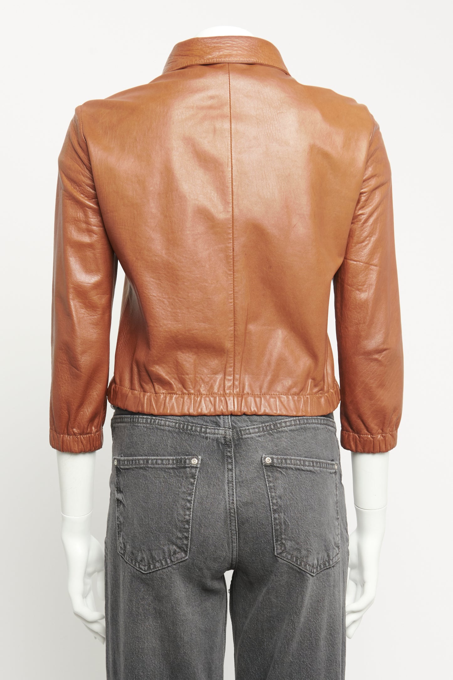 Brown Leather Preowned Cropped Zip-Up Jacket