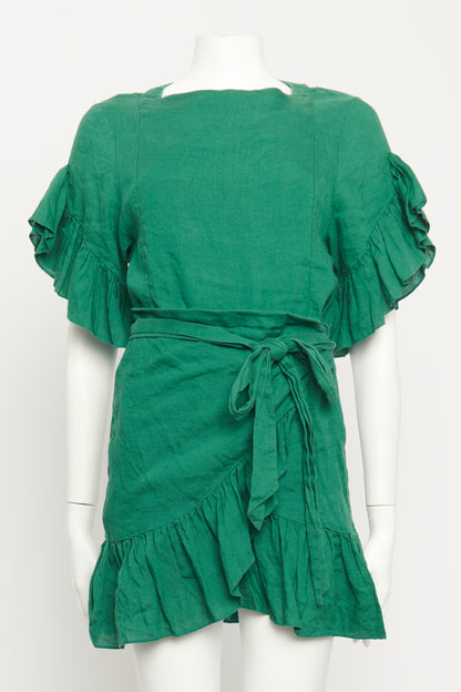 Green Linen Preowned Ruffled Mini Dress