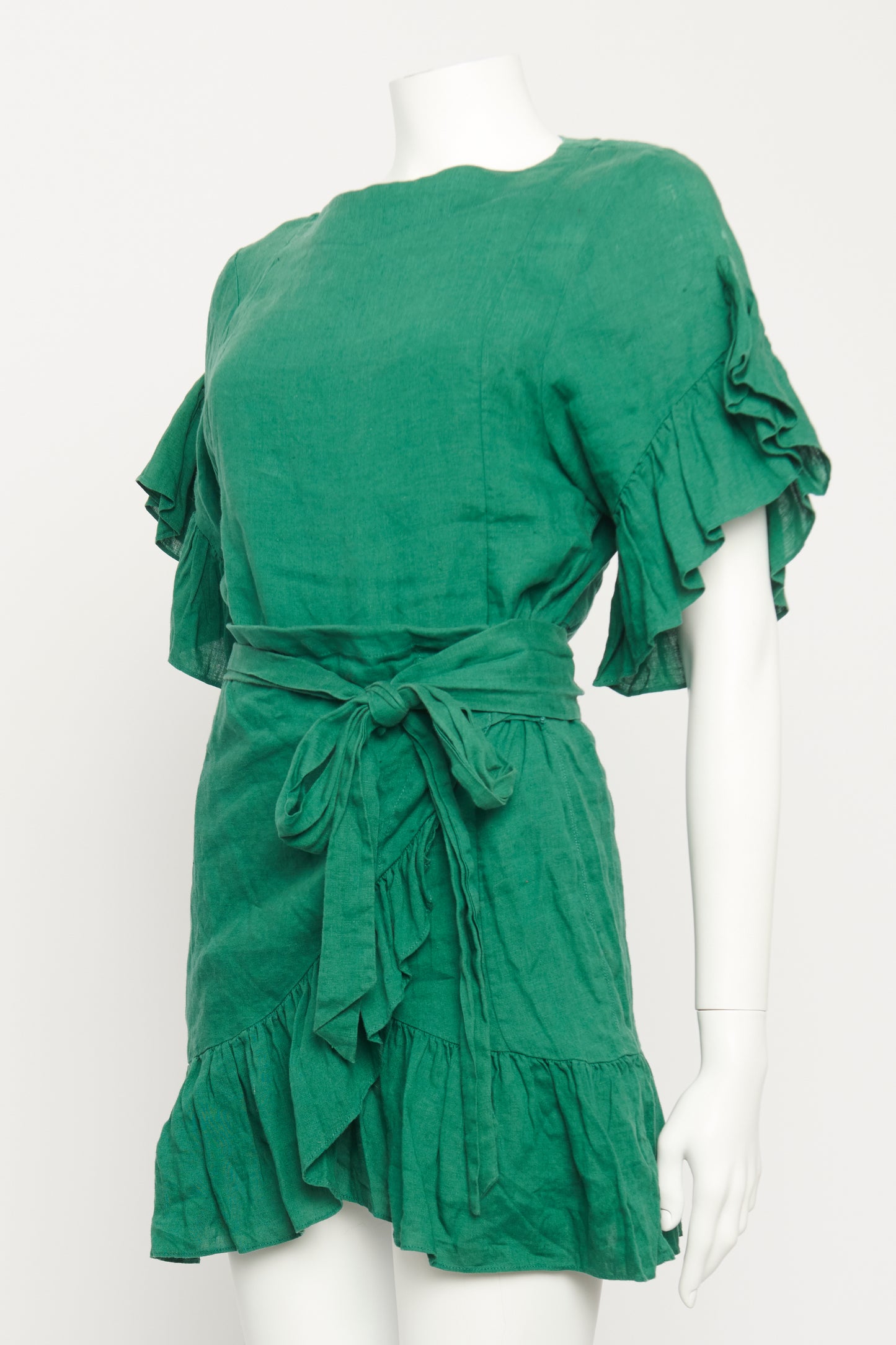 Green Linen Preowned Ruffled Mini Dress