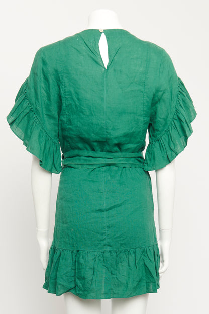 Green Linen Preowned Ruffled Mini Dress