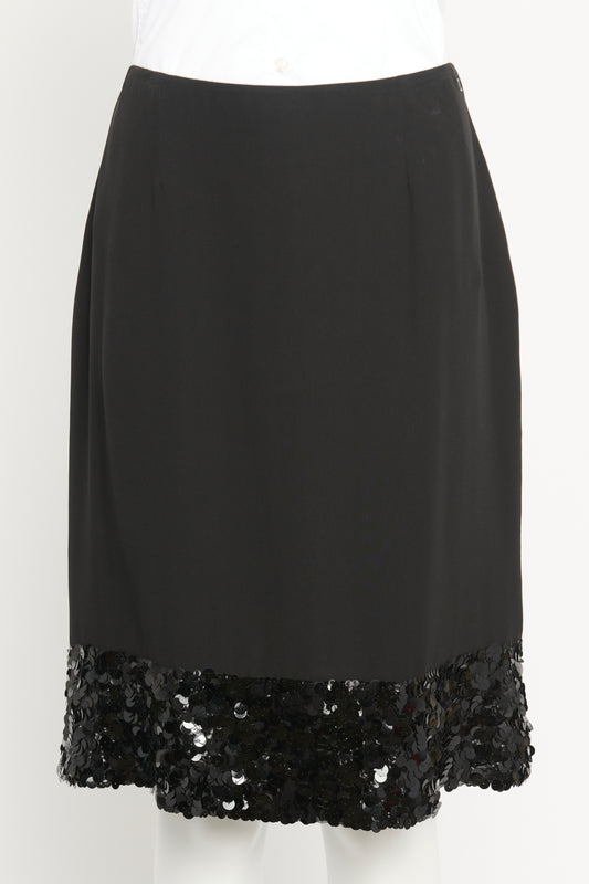 2002 Black Silk Preowned Sequin Embellished Knee Length Skirt