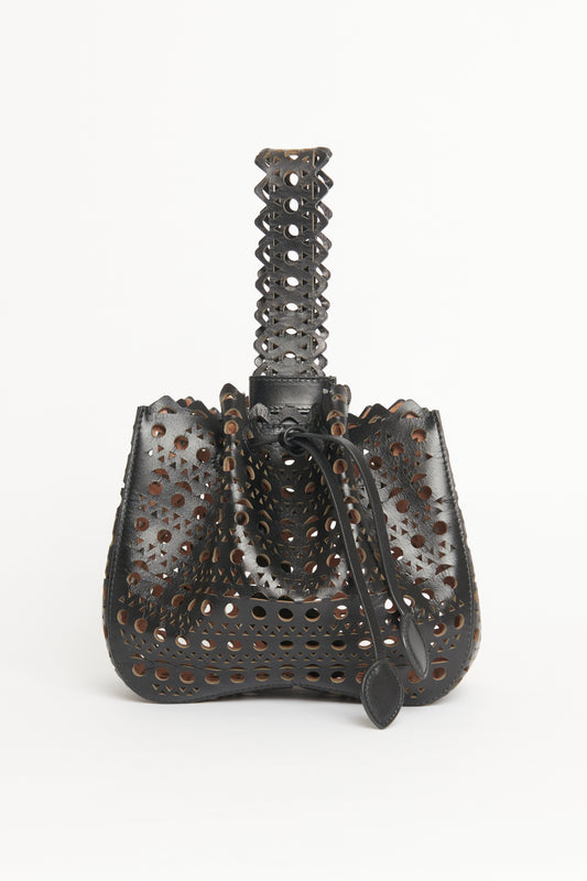 Black Leather Preowned Lasercut Rose-Marie Wristlet Bucket Bag