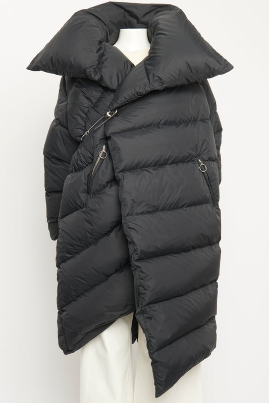 Black Down Long Asymmetric Preowned Puffer Coat