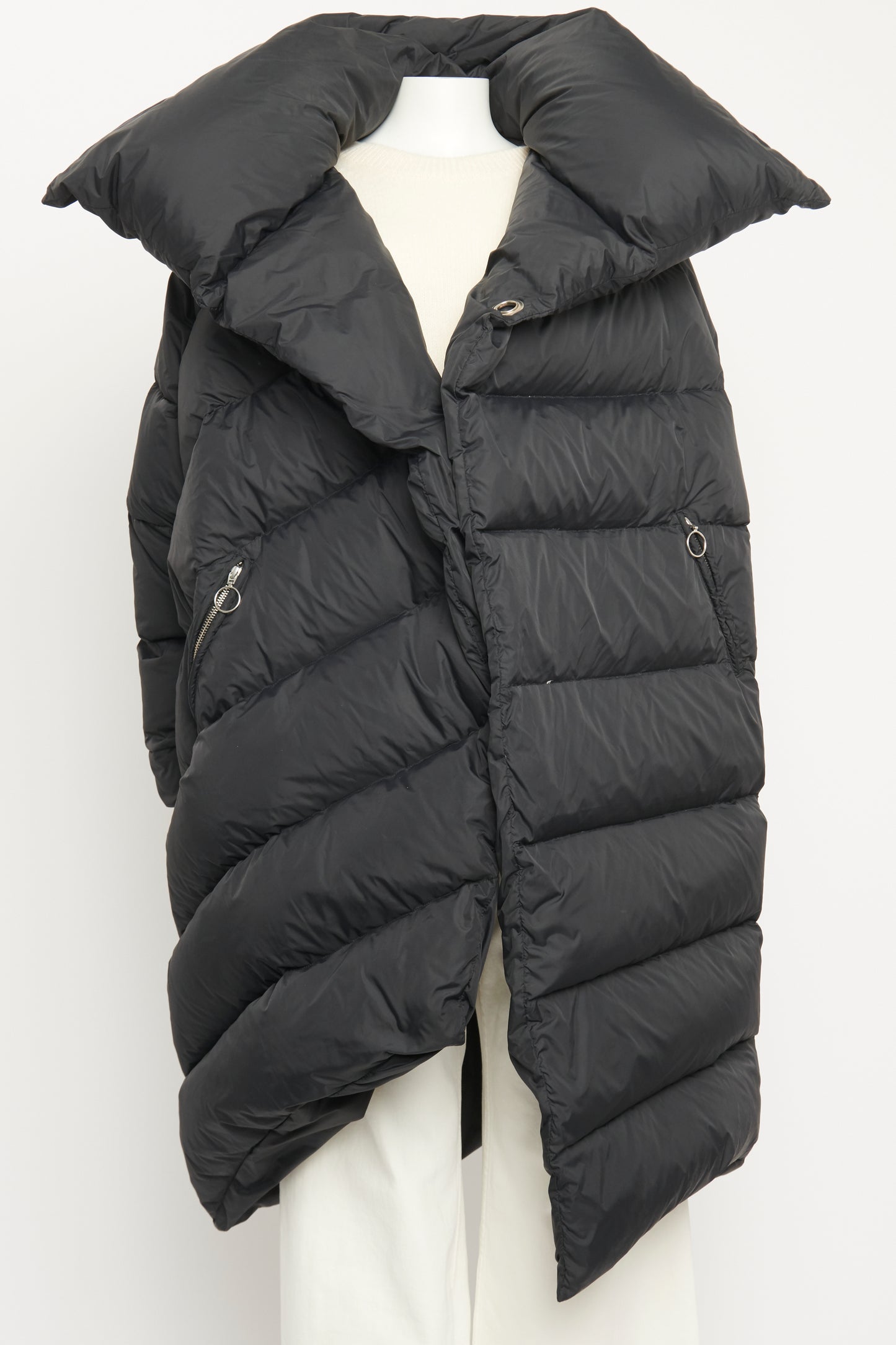 Black Down Long Asymmetric Preowned Puffer Coat