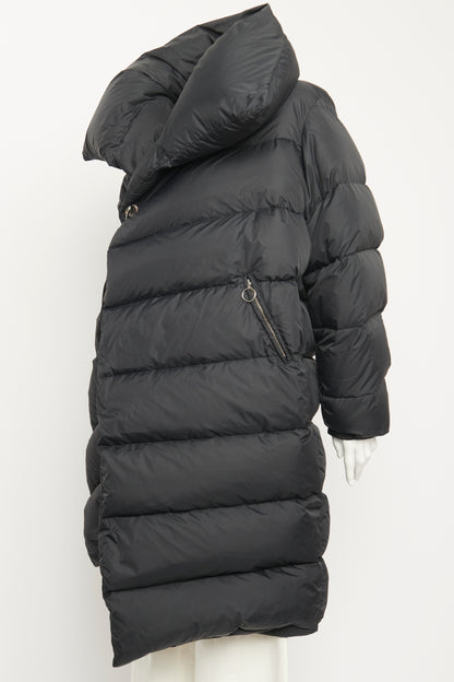 Black Down Long Asymmetric Preowned Puffer Coat