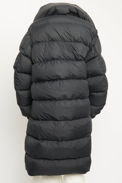 Black Down Long Asymmetric Preowned Puffer Coat