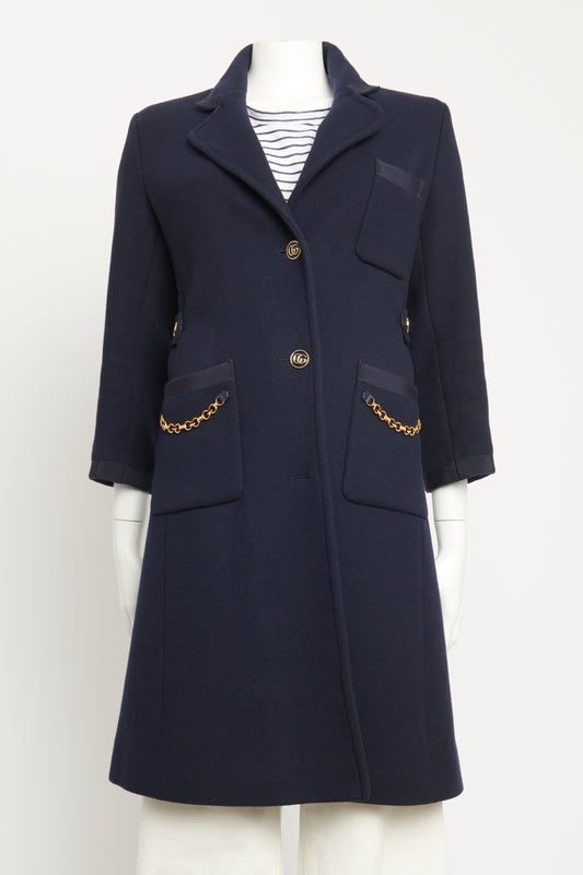 Navy Wool Preowned GG Chain Embellished Coat