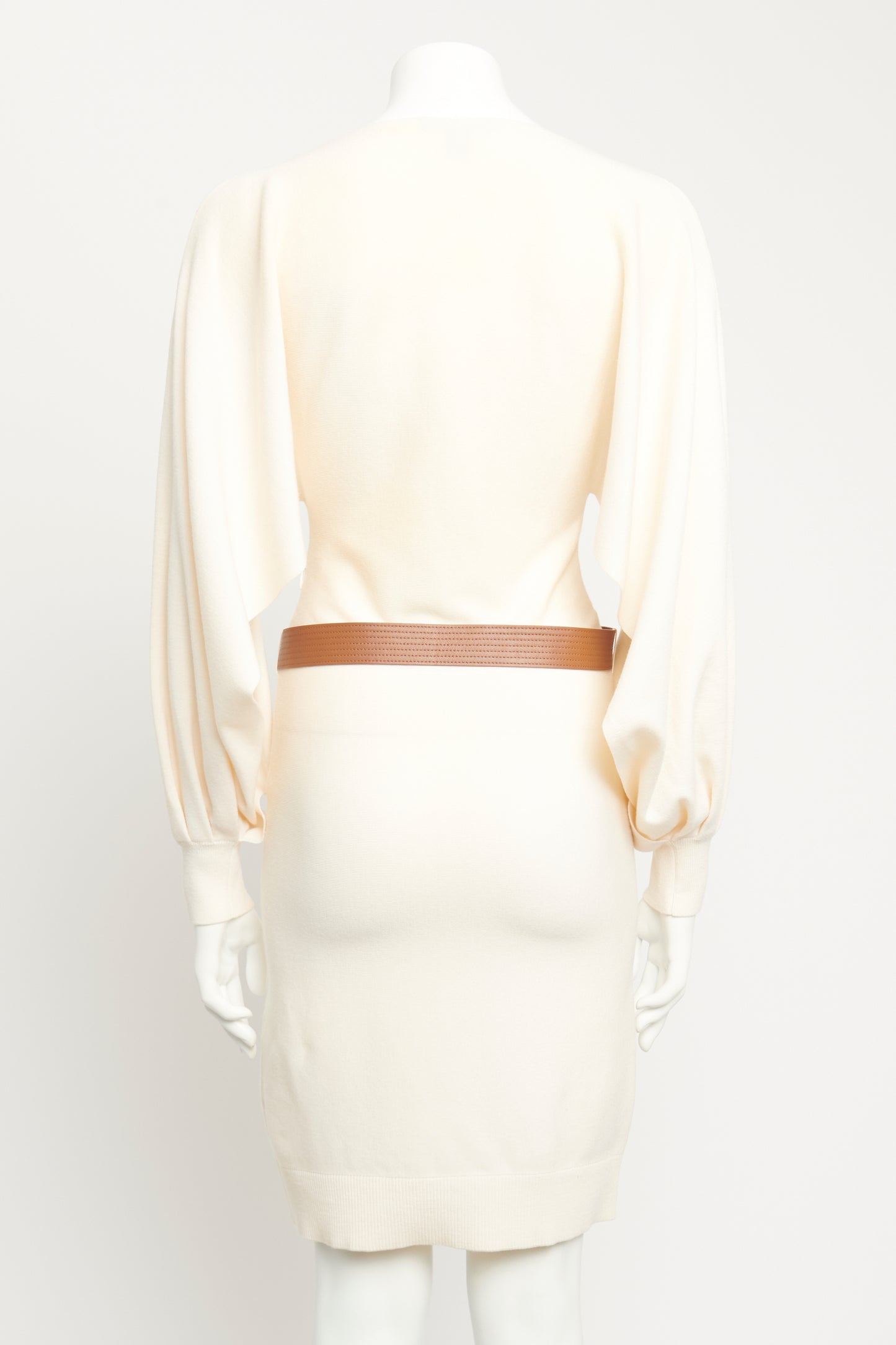 Cream Wool Blend Stretch Knit Preowned Belted Knee Length Dress