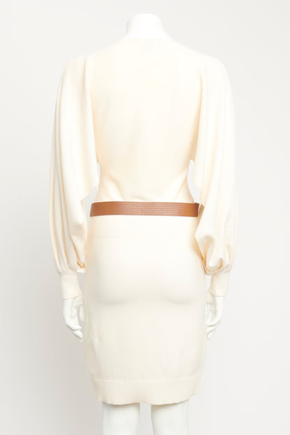 Cream Wool Blend Stretch Knit Preowned Belted Knee Length Dress