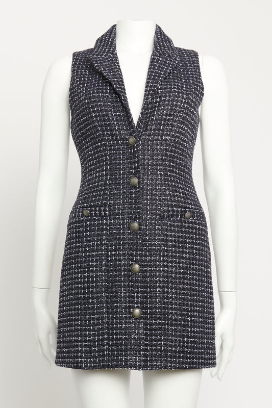 Navy Sequin Tweed Preowned Button Up Mini Dress