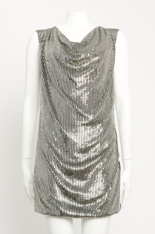 2015 Silver Sequin Preowned Draped Mini Dress