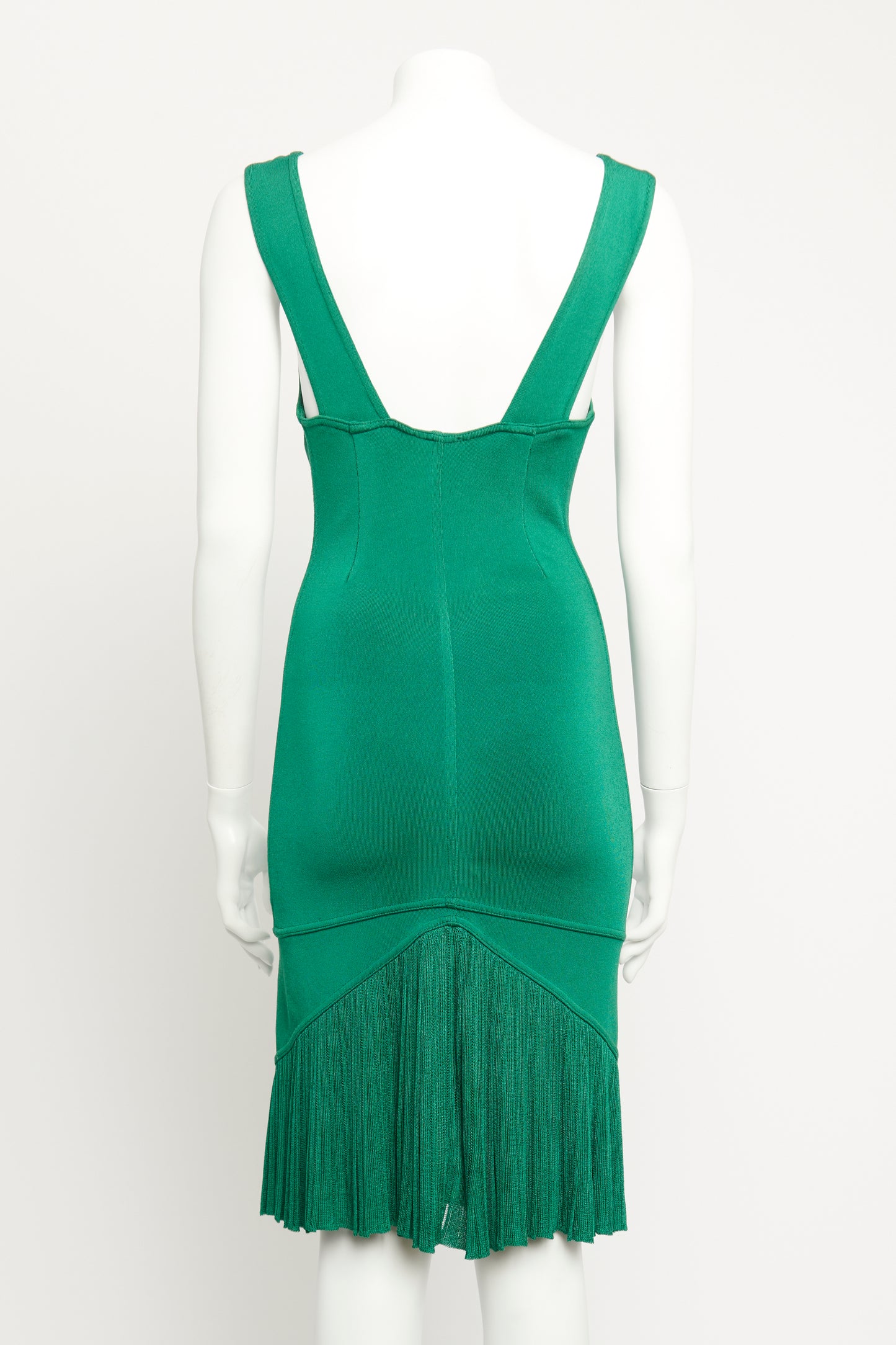 1990 Green Stretch-Knit Preowned Pleated Hem Knee Length Dress