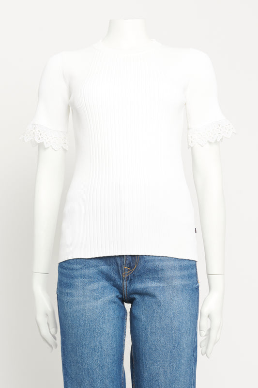 2022 White Ribbed-Knit Preowned Short Broderie Trimmed Jumper