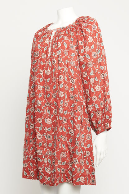 Red Linen Preowned Printed Floral Smock Dress