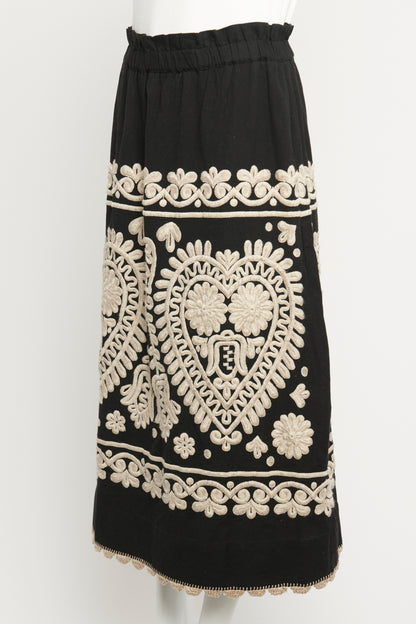 Black Cotton Preowned Embroidered Midi Skirt