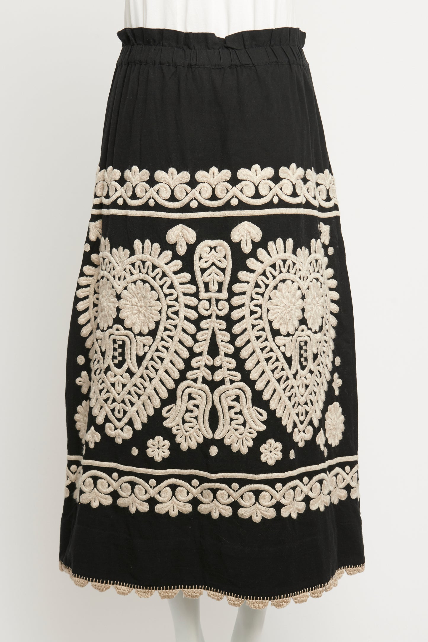 Black Cotton Preowned Embroidered Midi Skirt