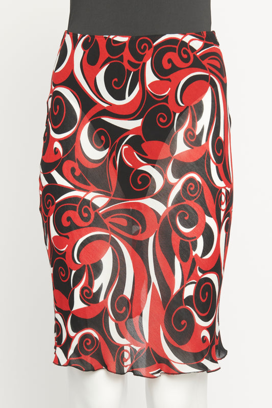 2000 Red & Black Viscose Preowned Printed Knee Length Skirt