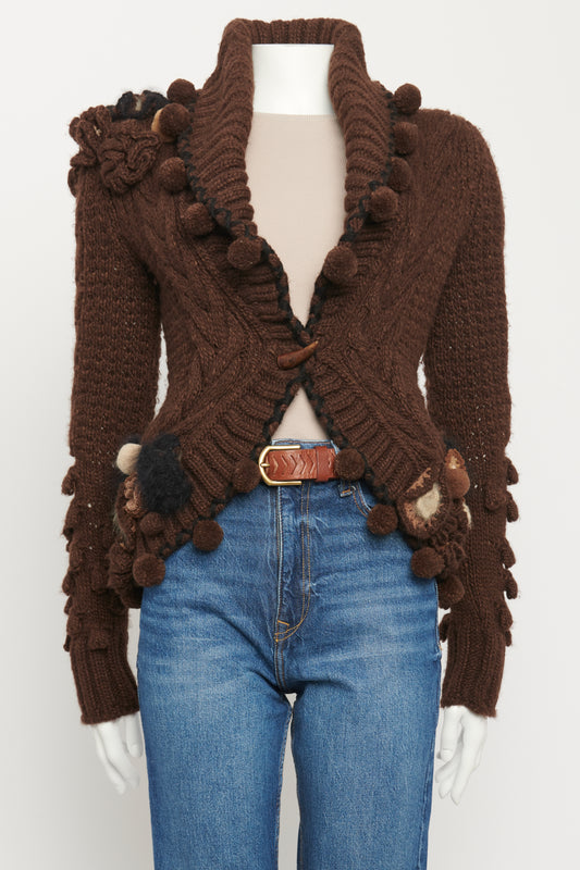 2005 Brown Wool & Alpaca Blend Preowned Pom Pom Appliqué Cardigan