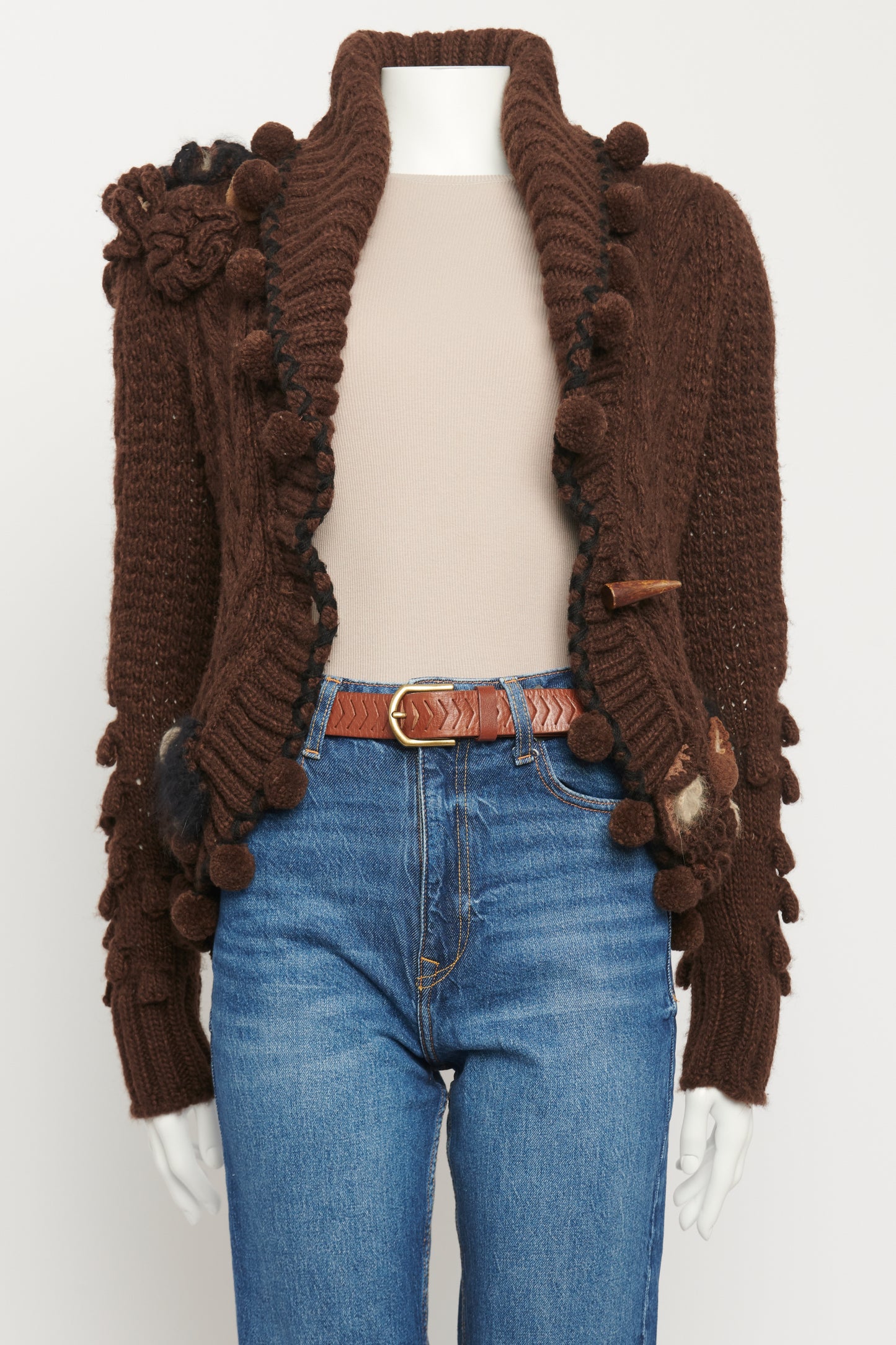 2005 Brown Wool & Alpaca Blend Preowned Pom Pom Appliqué Cardigan