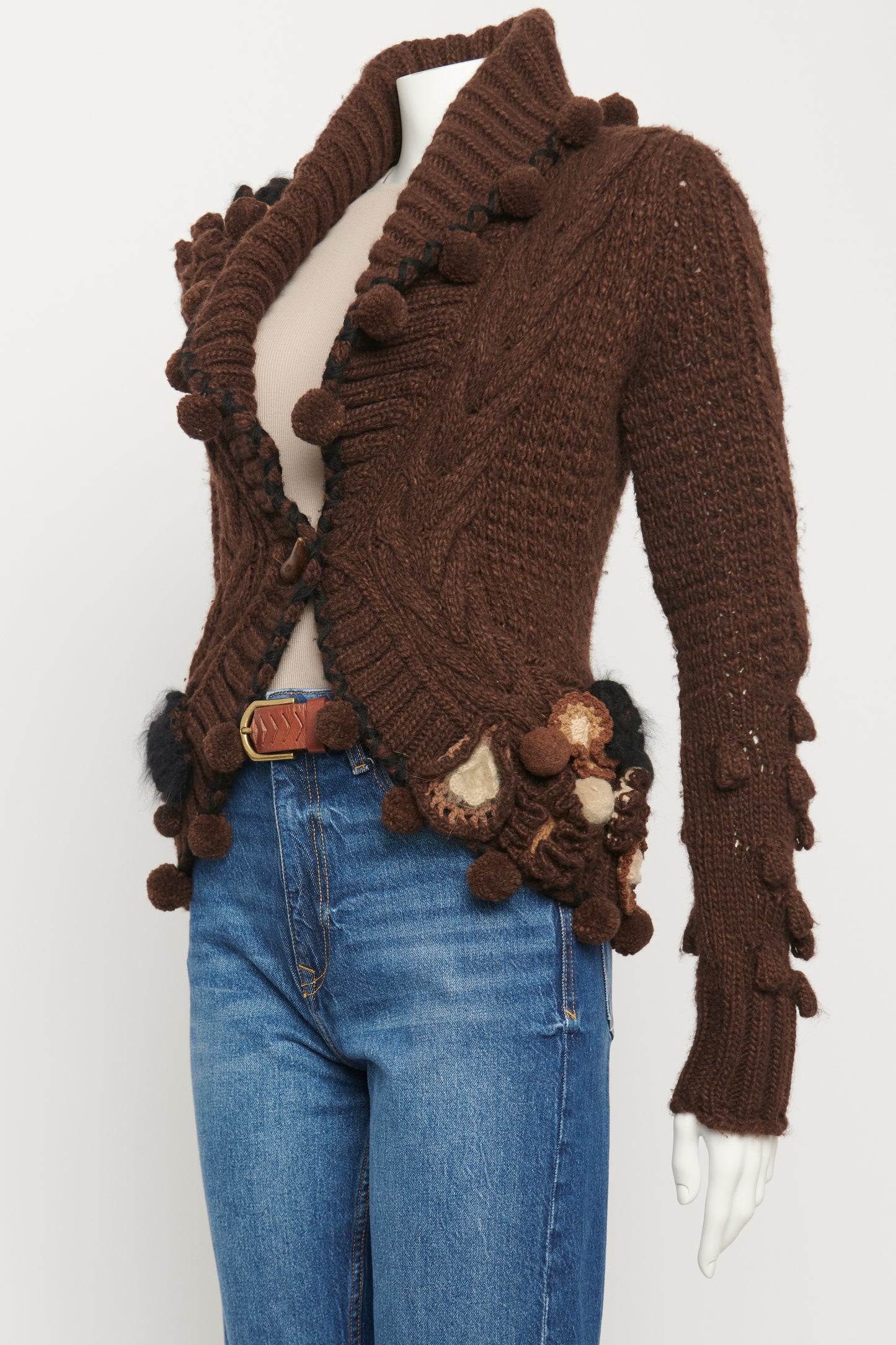 2005 Brown Wool & Alpaca Blend Preowned Pom Pom Appliqué Cardigan