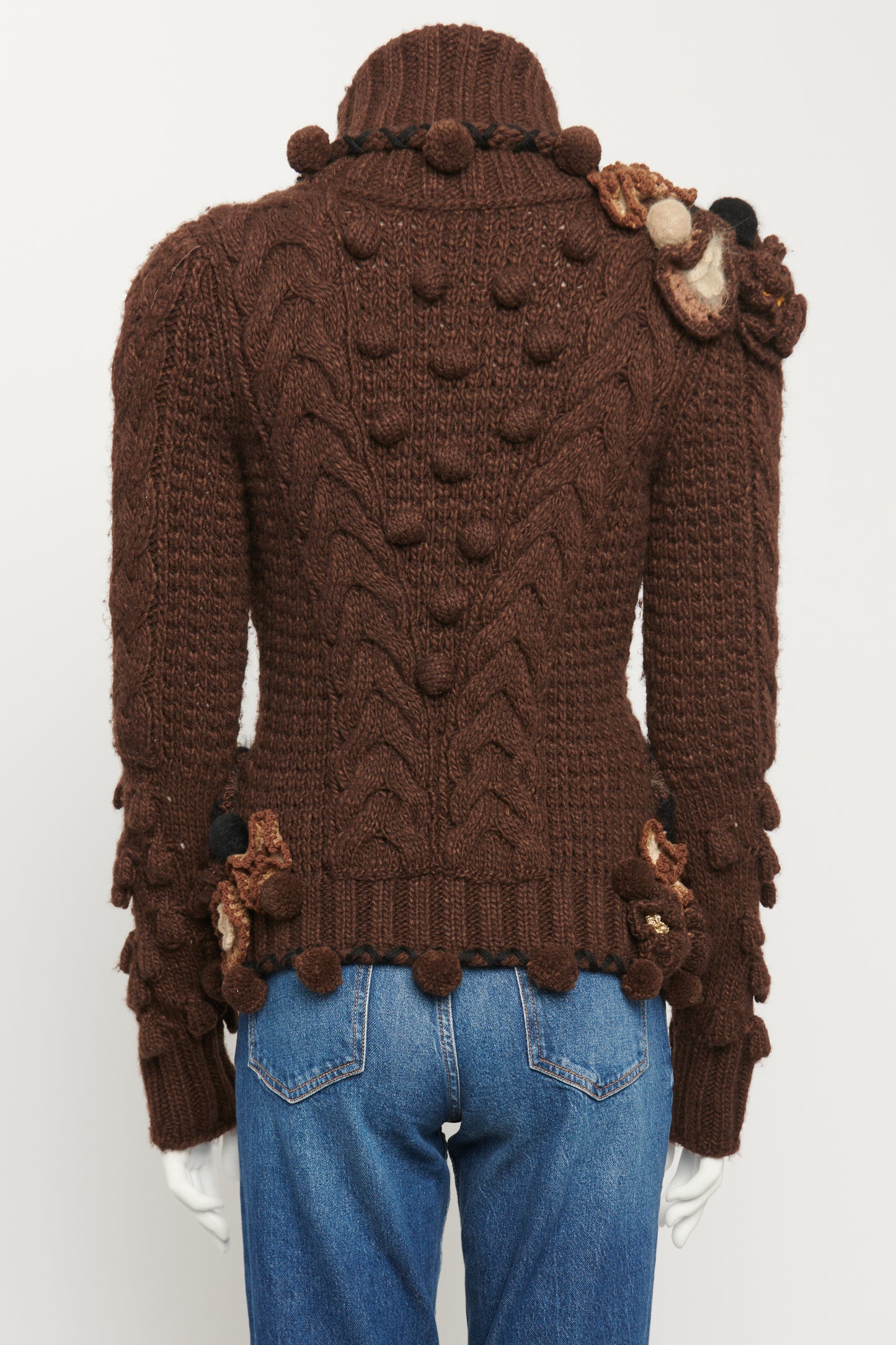 2005 Brown Wool & Alpaca Blend Preowned Pom Pom Appliqué Cardigan