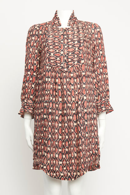 Beige Silk Preowned Printed Ruffled Mini Dress
