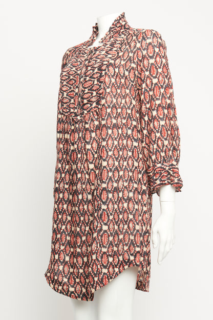 Beige Silk Preowned Printed Ruffled Mini Dress