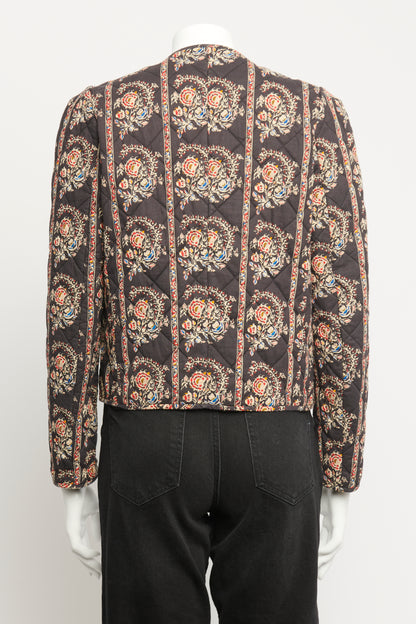 Brown Cotton Preowned Printed Floral Quilted Jacket