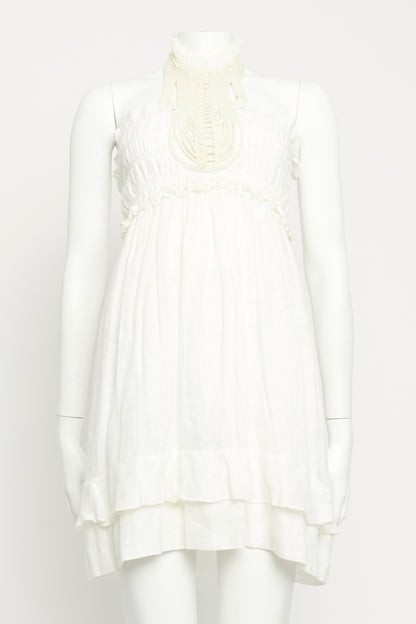 Cream Linen Preowned Gota Halter Mini Dress