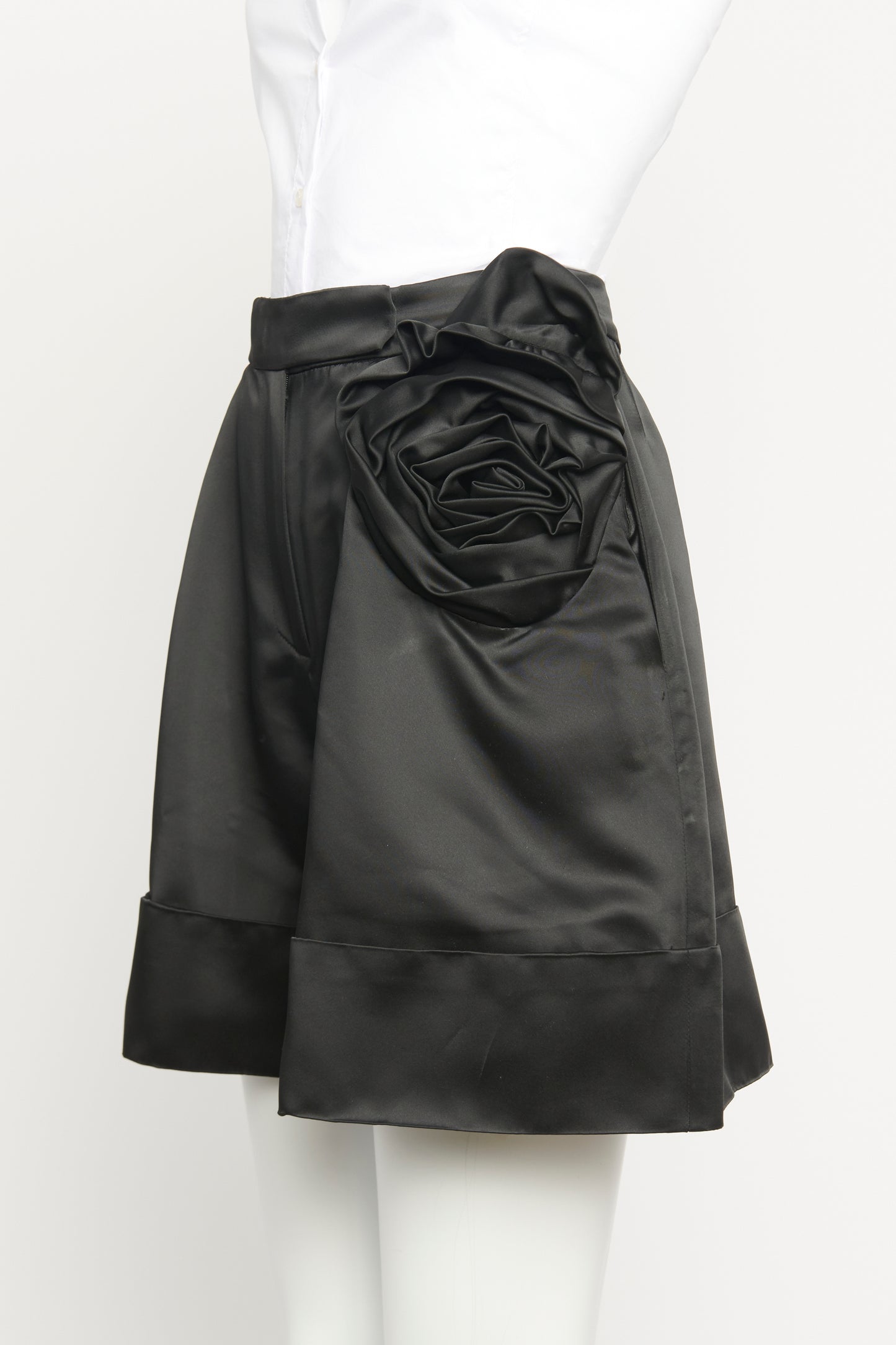 Black Satin Preowned Rose-Appliqué Shorts