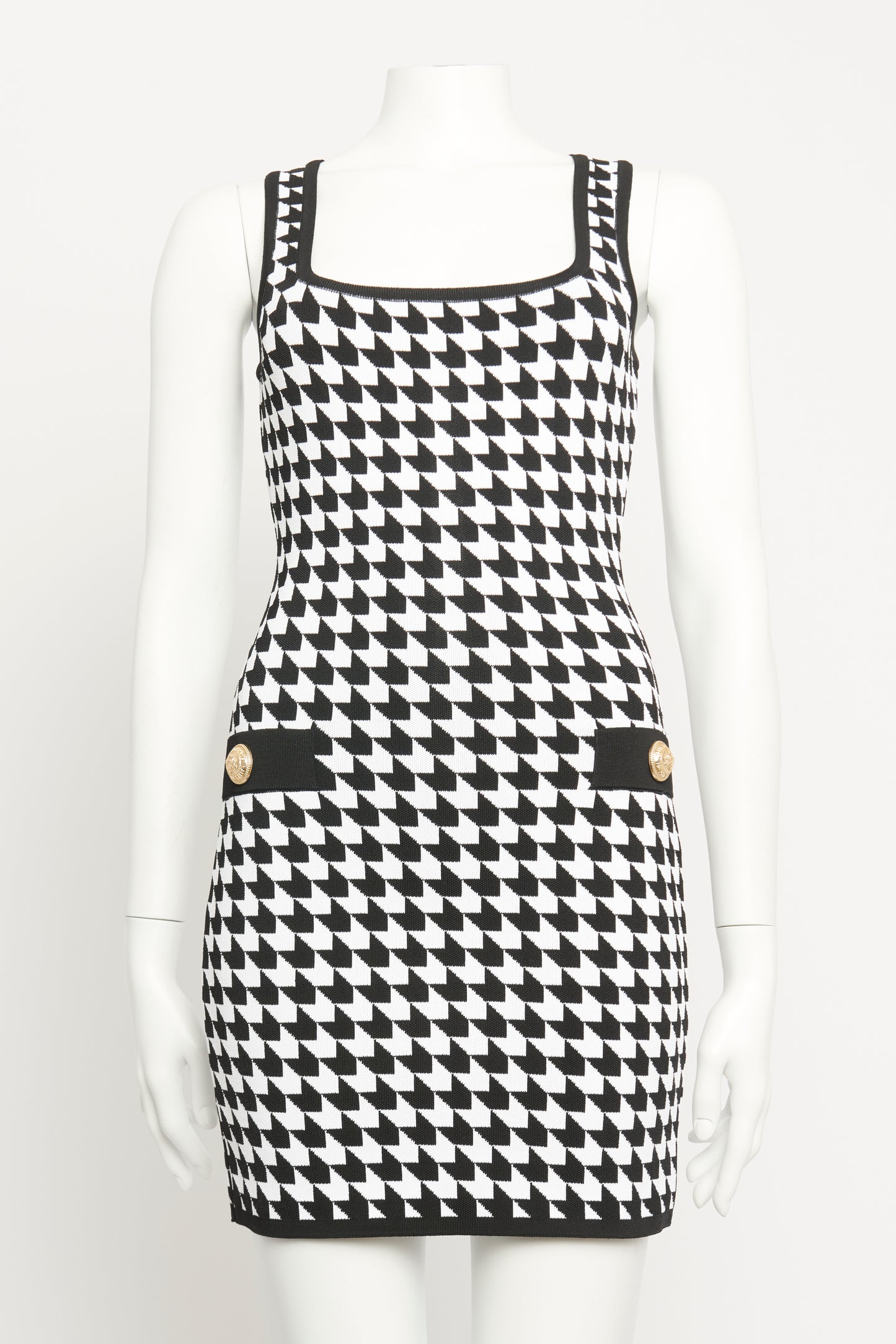 Monochrome Stretch-Knit Preowned Button Embellished Mini Dress