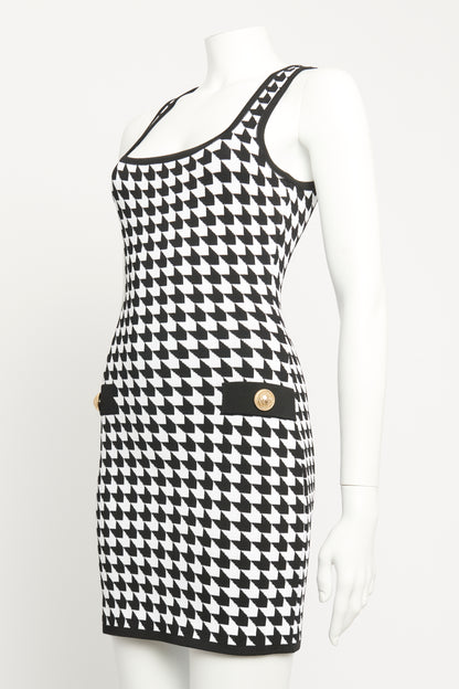 Monochrome Stretch-Knit Preowned Button Embellished Mini Dress